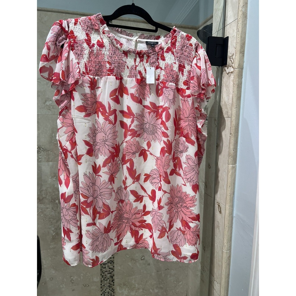 Talbots Flutter Sleeve Floral Print Smocked High Neck Blouse Pink Women Plus 3X